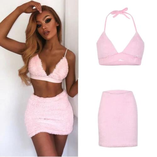2019 Fashion 2PCS/Set Womens Sleeveless Bandage Crop Top Bra+Midi Skirt Bodycon Mini Dress US