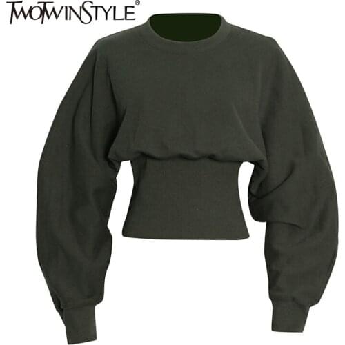 TWOTWINSTYLE Green Sweatshirts For Women Slim Plain O Neck Long Sleeve Casual Pullovers Female 2021 Autumn Clothing Fashion New