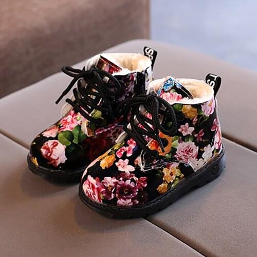 Winter Children Kids Plush Warm Snow Boots For Toddler Baby Girls Floral Print Martin Boots Waterproof Cotton Shoes Snowboots