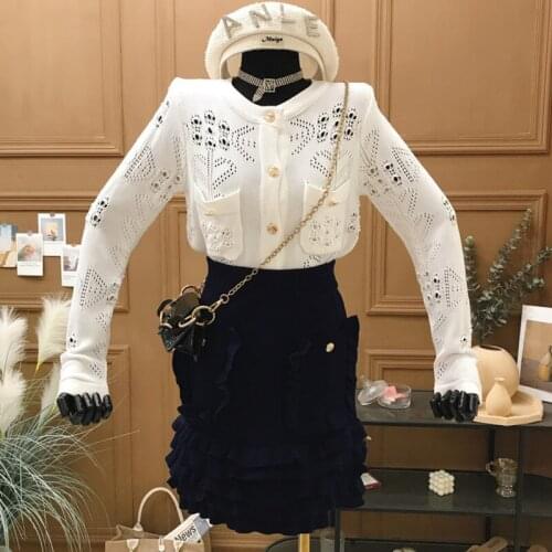 2021 New Spring Knitted Two Piece Set Women Crop Top Hollow Out Cardigan + All Match Bodycon Skirt Suits Ladies 2 Piece Sets