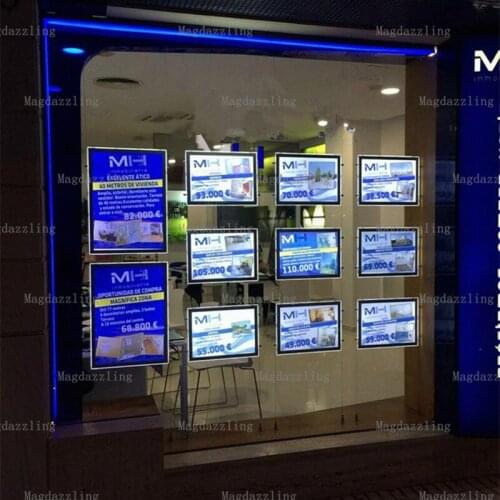 9PCS A3 Landscape +2PCS A2 Vertical Double Sided Magnetic Acrylic Frame LED Illuminated Window Display System for Real Estate