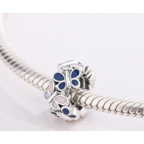 925 Sterling Silver Pink And Blue Enamel Hand Painted Butterflies Spacer Pendant Charm Bracelet DIY Jewelry Making For Pandora