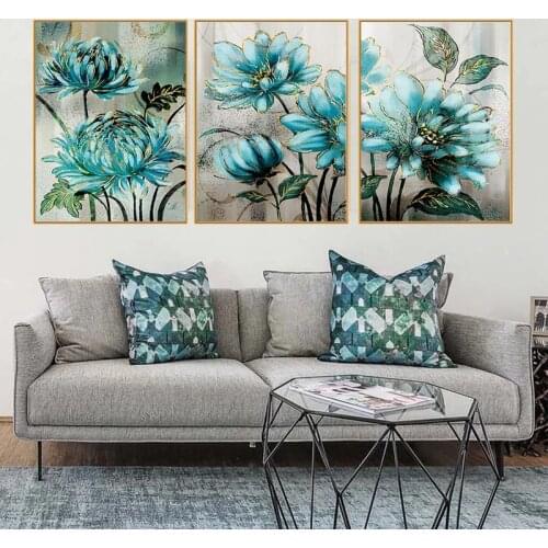 Blue Flowers Golden Lace Noble Decorative Poster Modern Nordic Canvas Painting Print Decor Wall Art Pictures For Living Room