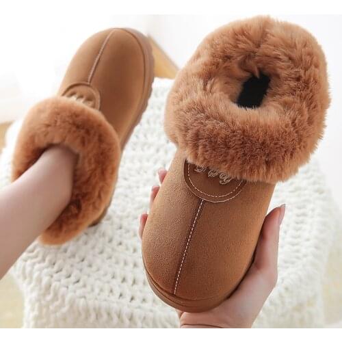 Winter Cotton Slippers Fur Suede Home Warm Plush Indoor Floor Shoes For Couples Lovers Men Women Slippers Cute Fluffy Slippers