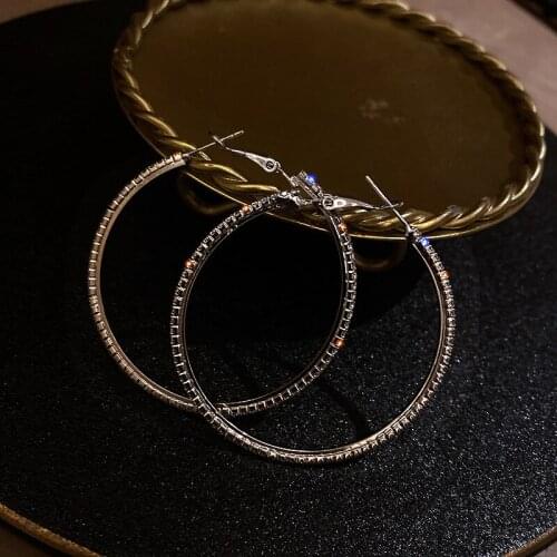 Exknl Korean 2021 Fashion Big Round Wedding Hoop Earrings Statement Full Crystal Bohemian Punk Long Earrings for Women Jewelry