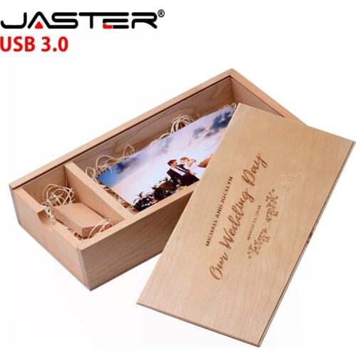 JASTER USB 3.0 Photo Album USB flash drives 128GB Free custom logo Walnut Wood Pen Drive Wedding Box Pendrive 64GB Photography