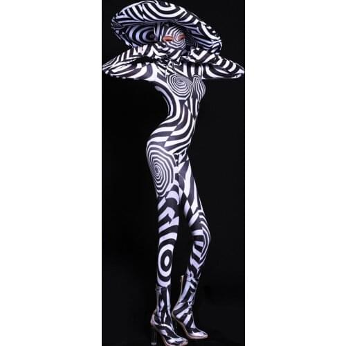Europe Female Party Stage Show Black White Striped Zebra Jumpsuit Performance Outfits Sexy Ladies Bar Nightclub Rompers Costume