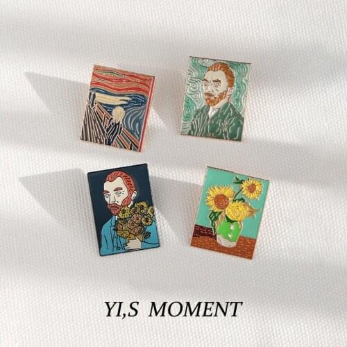 Van Gogh and sunflo Metal Cartoon circular Enamel Pin Cute Animal Jewelry Accessories Paint Brooch for Bags Clothes Caps Badge
