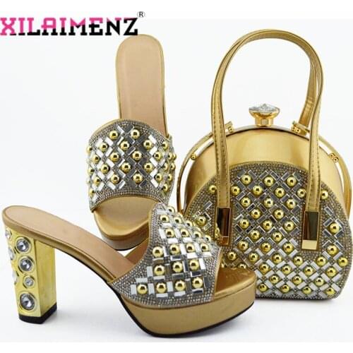 Gold Color Fashionable African Slippers and Bag Set High Heels Italian Shoes with Matching Bags for Wedding Party