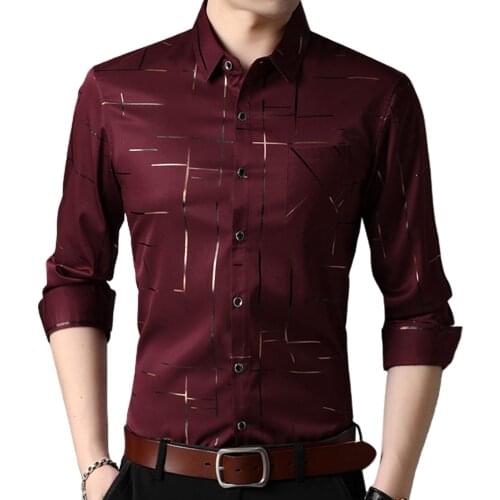 Slim Men Shirt Dress Long Sleeve Turn Down Collar Stripes Single-breasted Polo Business Shirt Top