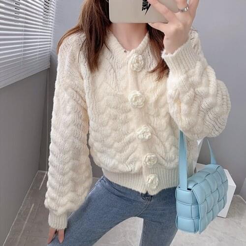 QOERLIN Heavy Industry Autumn Winter New Fashion Flower Sweater Coat Womens Knitted Cardigan Loose Casual Blue Apricot Knitwear