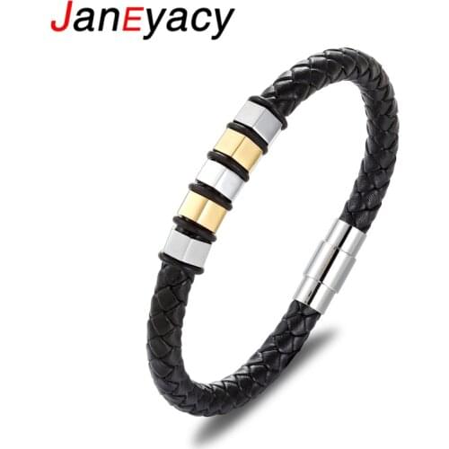 Janeyacy New Fashion Stainless Steel Bracelet Ladies Leather Bracelet Magnetic Buckle Black Leather Men Bracelet Rope Pulseras