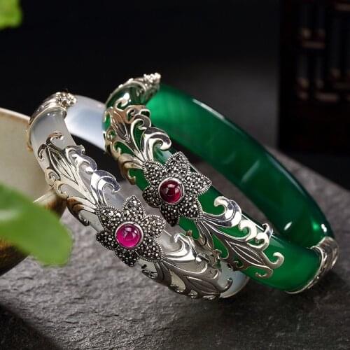 Solid S925 Silver Chalcedony Openable Bangles for Women Luxury Transparent Gemstones Jade Marcasite Flower Bracelet Thai Silver