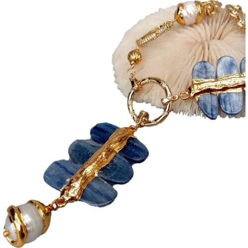 YYGEM Blue Kyanite Pendant natural Freshwater Cultured White Keshi Pearl Gold Plated Chain Necklace 25"