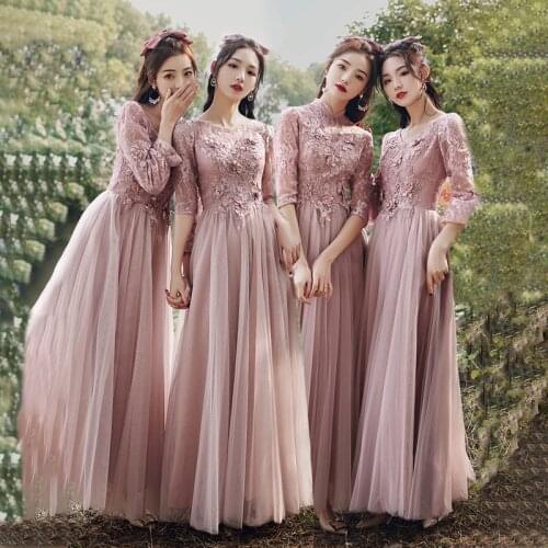 Bridesmaids Dresses Illusion O-Neck Appliques A-Line Embroidery Pearls Lace Tulle Floor-Length Pink Lady Wedding Party Gown E390
