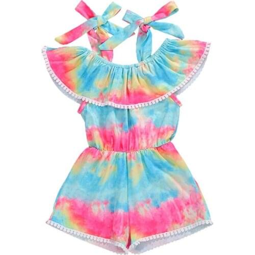 PUDCOCO Hot Summer Kids Baby Girls Rompers Tie Dye Colorful Print Ruffles Off Shoulder Lovely Jumpsuits Outfits 1-6Y