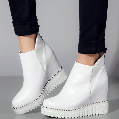 Slip On Pumps Shoes Women Genuine Leather Wedges High Heel Ankle Boots Female High Top Round Toe Fashion Sneakers Casual Shoes