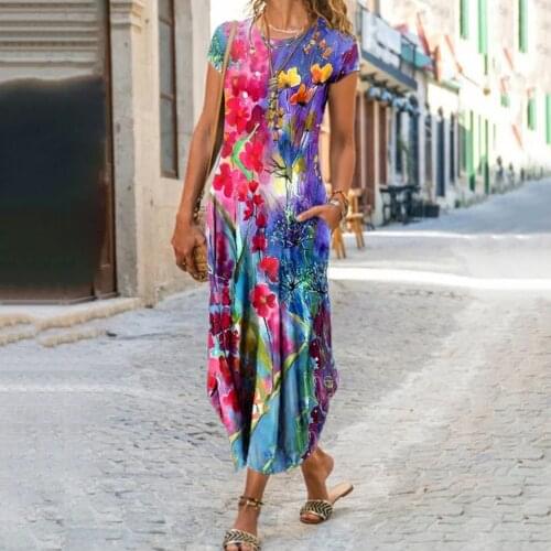 WomenS Short Sleeve Dress For Casual Floral Print Long Maxi Dress Summer Loose Plus Size Bohemian Boho Dress Vestido 2021