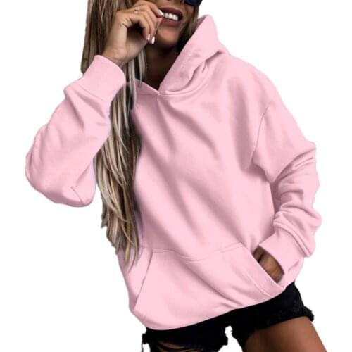 Women Autumn Solid Color Long Sleeve Pocket Loose Hoodie Sweatshirt Pullover