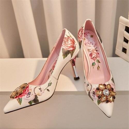 2020 Flower Autumn Shoes Genuine Leather Women High Heels Crystal Party Wedding Shoes For Women Stiletto Heel