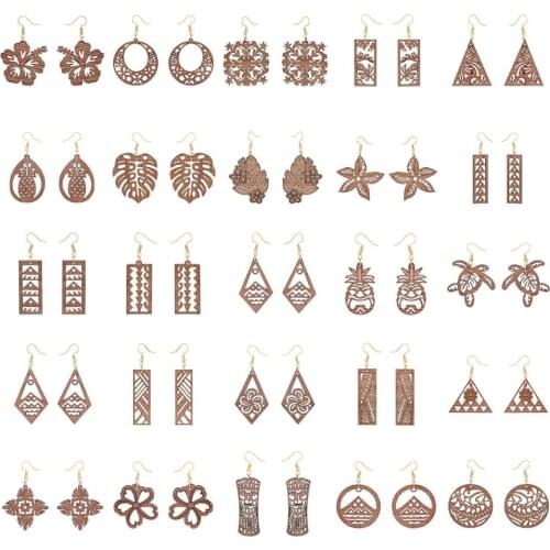 Hawaiian Wooden Earrings Bohemian Flower Natural Wood Acrylic Dangle Drop Pendant Vintage Statement Earring for Women