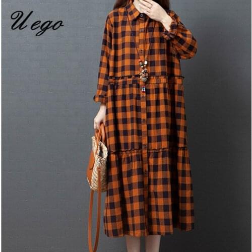 Uego 2021 New Arrival Fashion Plaid Blouse Dress Long Sleeve Linen Cotton Vintage Spring Dress Plus Size Women Casual Midi Dress