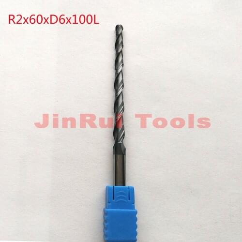 1pc R2*D6*60*100L*2F HRC55 Tungsten solid carbide Coated Tapered Ball Nose End Mills CNC milling cutters knife