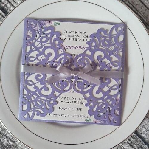 50pc Violets Shimmer Laser Cut Invitations with Silver Ribbon for Wedding Party DIY Personalized Print Sweet 15 Invites