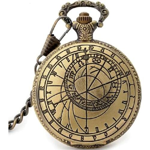 Antique Retro Bronze Compass Prague Astronomical Design Analog Pocket Watch Quartz Necklace Clock Men Women Fob Watches Pendant