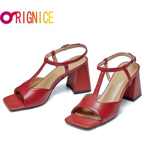 Orignice New Arrival Genuine Leather Women T-Strap Sandals Fashion Square Thick High Heels Buckle Gladiator Summer Dress Shoes