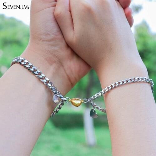 2pcs / set heart magnet attract couple Bracelet Stainless Steel Cuba chain NK chain bracelets for women men love jewelry gift