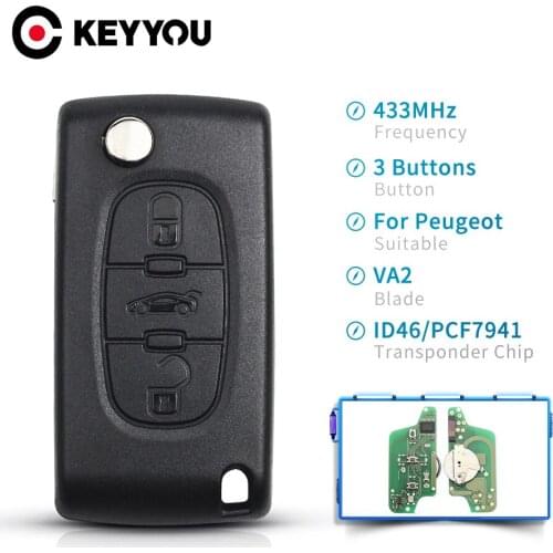 KEYYOU ASK 433Mhz ID46 Chip For Peugeot 207 307 407 208 308 408 607 Partner 3 Buttons Remote Car Key Fob VA2/HCA Blade CE0523