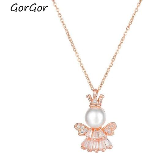 GorGor Necklace Women Stainless Steel Pattern Angel Mosaic Zirconia Pendant Rose Gold Plated Temperament Birthday Jewelry TX-005