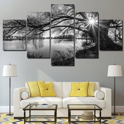 HD printed black white painting tree river canvas wall art 5 piece Painting for living room decor posters