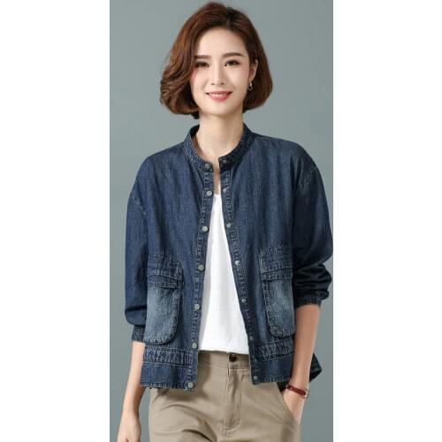 2021 Spring Autumn New Denim Jacket Women Short Stand Collar Coat Loose Large Size Thin Long Sleeve Outwear Jacket aq534