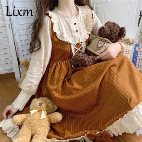 Japanese Lolita Sweet Lace up Bowknot Autumn Long-sleeved Dress Sweet Cute Color Brown vintage mid-length dress