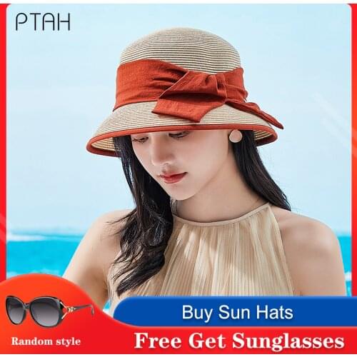 [PTAH] Fashion Sun Hats Womens Summer Sun Protection UPF 50+ Roll-up Foldable Straw Caps Breathable Comfortable Breach Visors