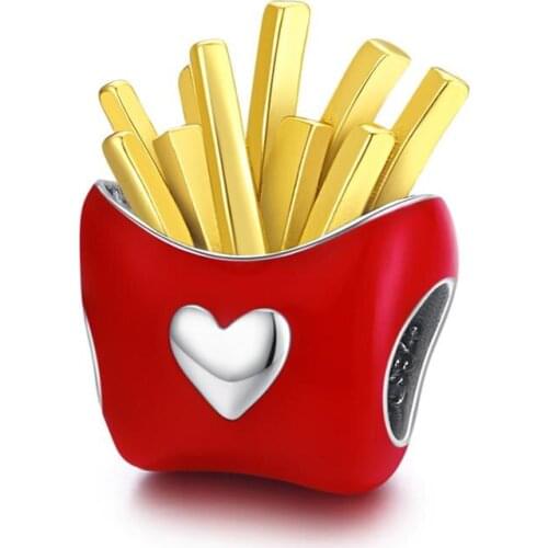 Genuine 925 Sterling Silver Enamel Beads CZ Delicious French Fries Charm Fit Pan Bracelet Original DIY Woman Jewelry
