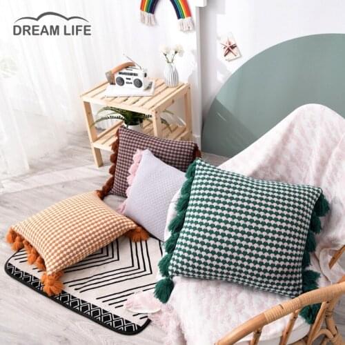 Cushion Cover 45x45cm Brief Soft Pure Color Knitted Pillow Cover Tassel Boho Home Decoration Pillowcase For Livingroom Bedroom