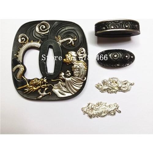 Rare Japanese engraved Copper Fittings Tsuba Guard Fuchi Kashira Menuki For Samurai Sword Katana gold-plated Silver-plated