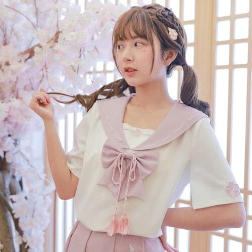 Jk Cute Short-Sleeve Womens Sailor Collar Bow T-Shirt + Japanese Preppy Style Soft Sweet Summer All-Match Pink A-Line Skirt