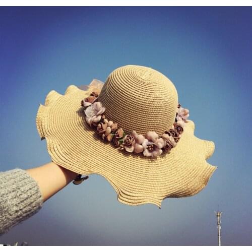 Korea Big Waves Sun Shade Straw Hat Women Summer Flower Wave Side Beach Hat Outdoor Sun Protection Sun Vacation Hat for Women