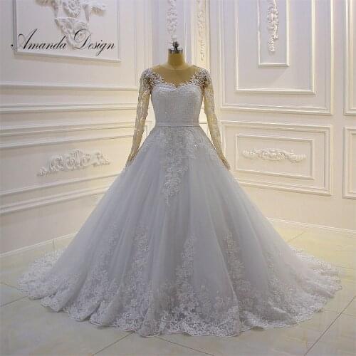 Amanda Design trouwjurken O-Neck Long Sleeve Lace Appliques Belt Wedding Dress