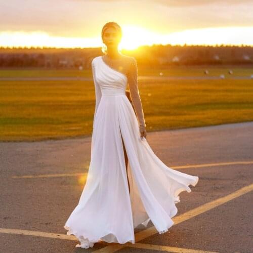 A-line Asymmetric Front Slit Long Sleeves with Crystals Wedding Dress Beading Floor Lenght Bridal Dress vestido casamento