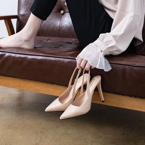 Spring new pointed patent leather square buckle stiletto heel shoes large size small size banquet dress female sandals 31-44