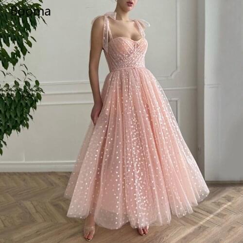 Booma Blush Pink Hearty Evening Dresses 2021 Spaghetti Straps Midi Prom Dresses with Pockets Tea-Length Wedding Party Dresses