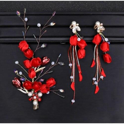Vintage Red Jewelry Pearl Crystal Hair Pins and Tassel Clip Earrings Sets Women Rose Flower Bridal Wedding Hair Accessor BN