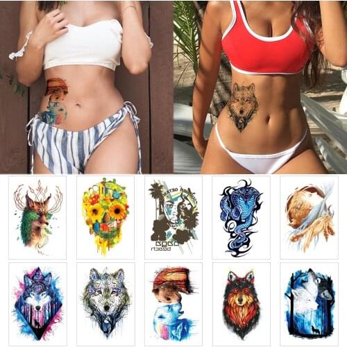 Woman temporary tattoo stickers TH Wolf bear fox waterproof fake tattoos Flower watercolor body tattoo Belly tattoo