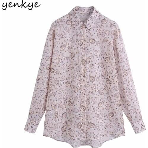 YENKYE Vintage Print Blouse Shirt Women Long Sleeve Lapel Collar Casual Chiffon Shirts Summer Plus Size Transparent Blusas