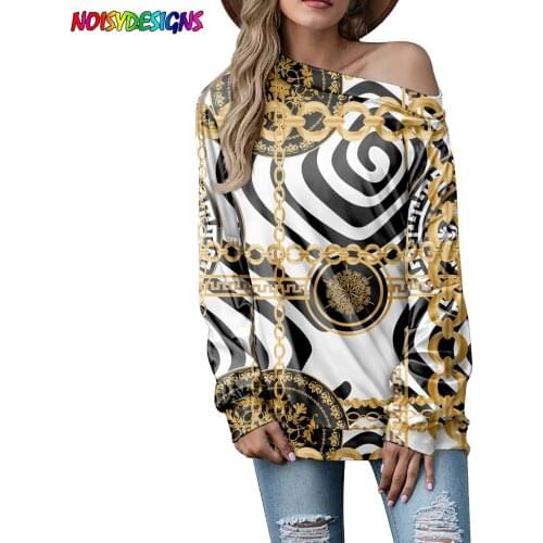 NOISYDESIGNS T Shirt Top Long Sleeve Golden Vintage Luxury European Pattern Tshirt Women Top Off Shoulder Fashion Woman Tshirts